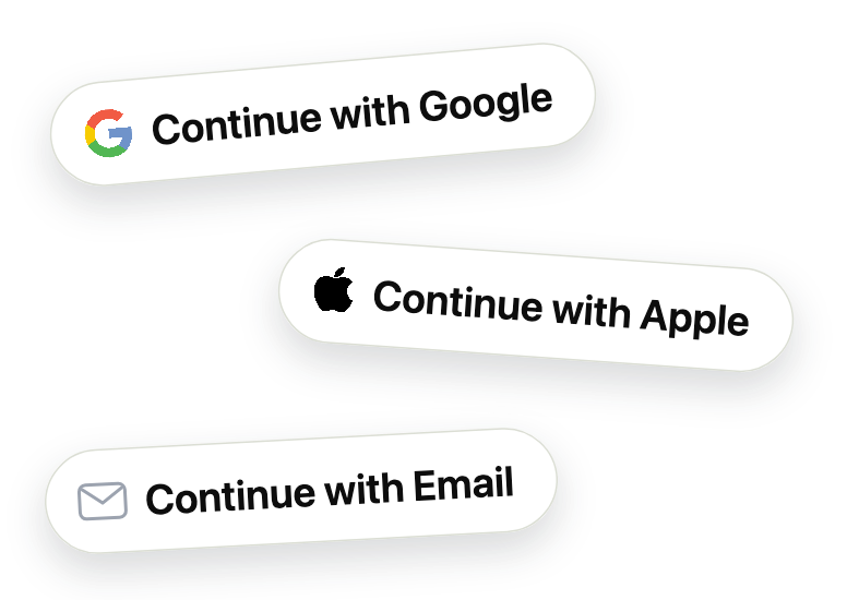 Sign-up options: continue with Google, Apple, or email.